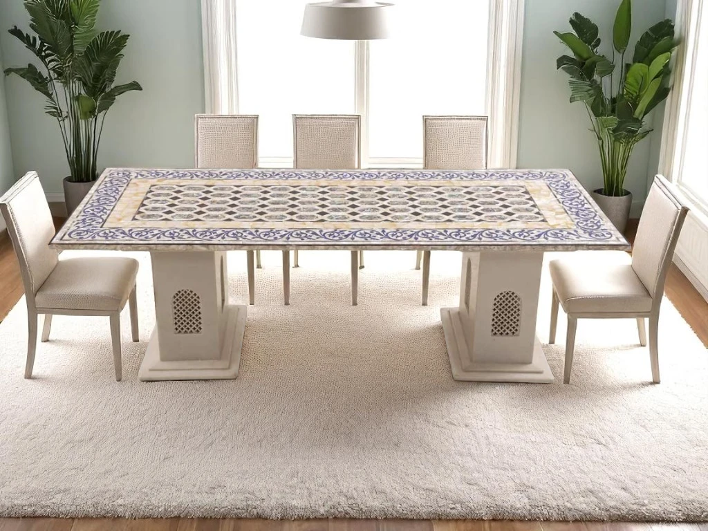 Luxury Marble Dining Table with Abalone & MOP  Pietra Dura Inlay